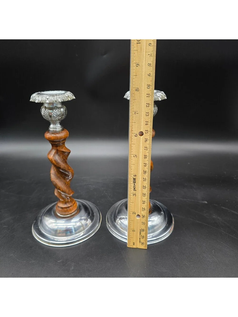 Vintage English Barley Twist Candlesticks Pair Oak Wood & Chrome Silver Art Deco